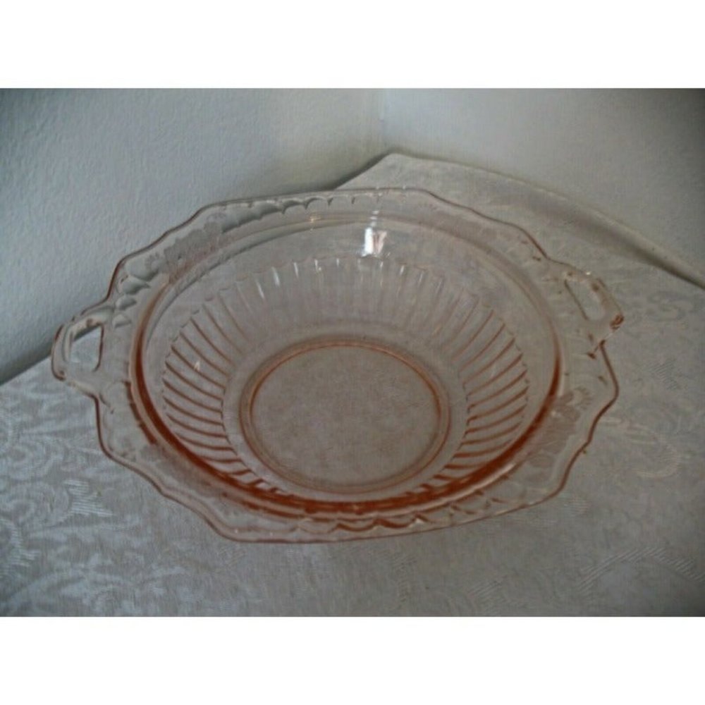 Vintage Depression Glass Pink Serving Bowl with Handles